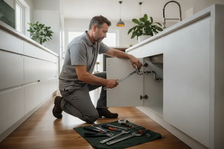 A plumber in a work uniform kneeling at an open under-sink cabinet in a bright residential kitchen, hand on a shutoff valve with a pipe wrench