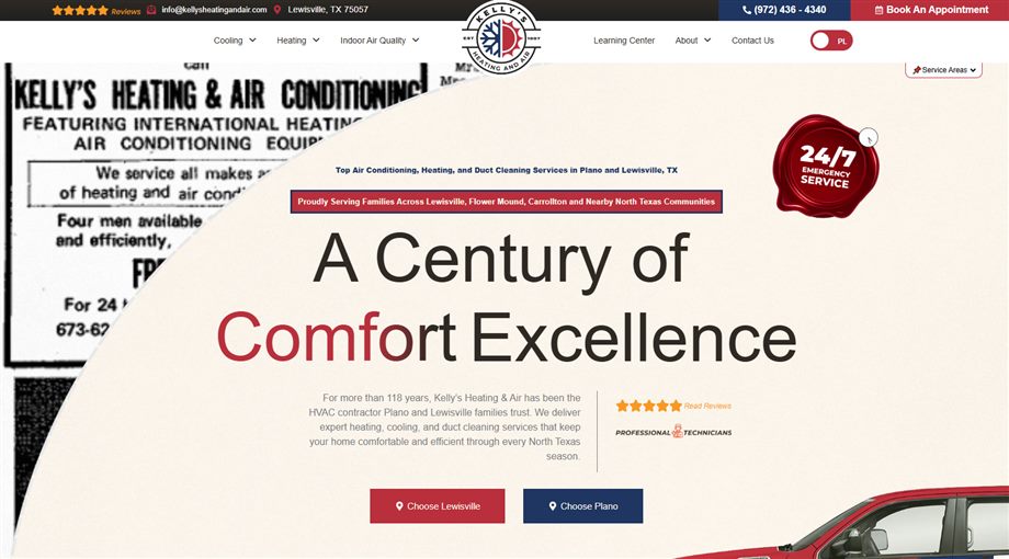 The rebranded Kelly&rsquo;s Heating & Air website, with a vintage ad collage and a &lsquo;A Century of Comfort Excellence&rsquo; headline