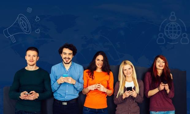 Blog banner: social media icons and engagement graphics around a phone.