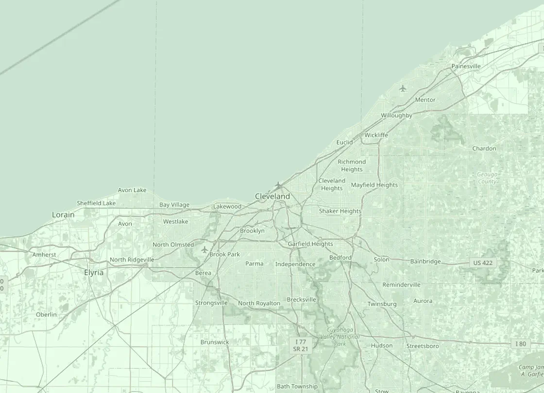 Coverage map of the Cleveland HVAC service area, with Cleveland and the nearby markets Lakewood, Parma, Euclid, Strongsville, Mentor