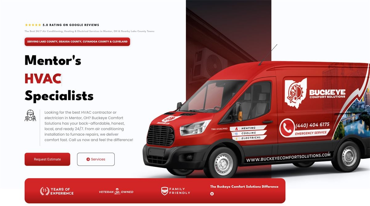 The Buckeye Comfort Solutions homepage, led by a branded red service van and a veteran-owned badge