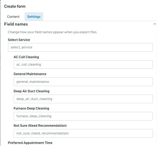 Meta native lead form builder showing HVAC service field names
