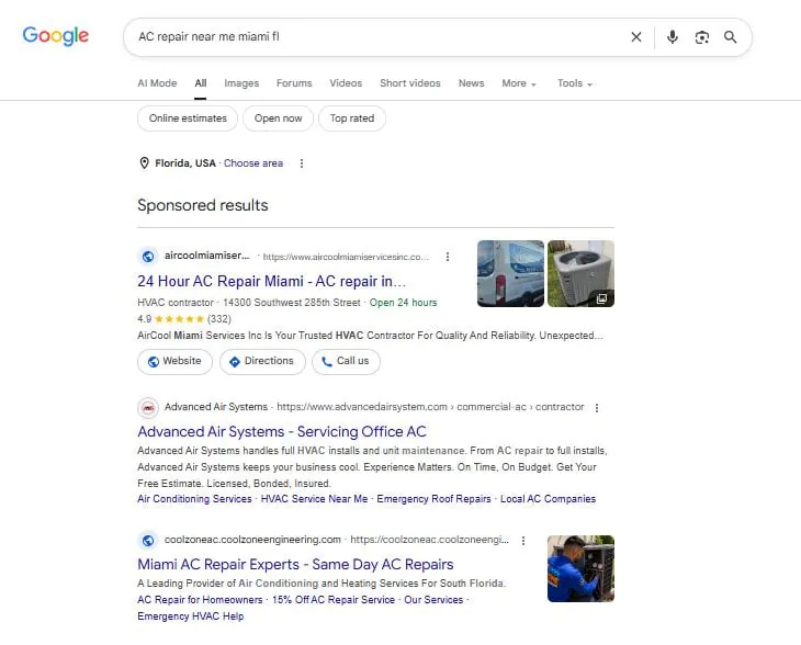 Google sponsored search results for AC repair near me