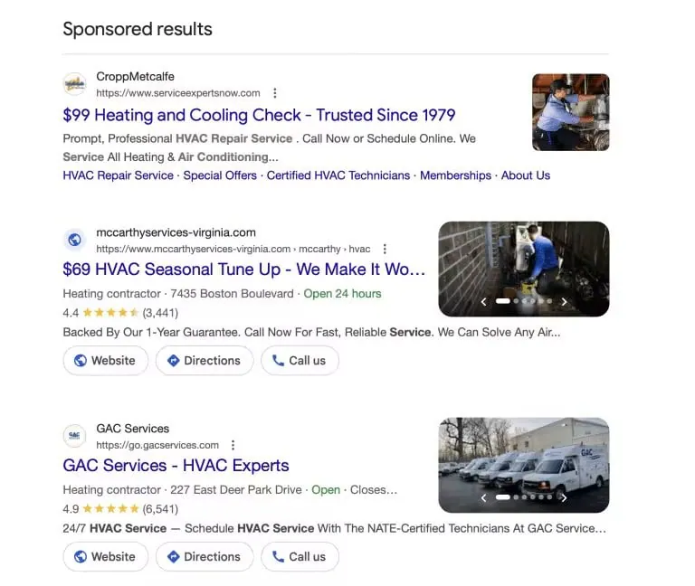 Sponsored Google Search results for HVAC contractors searching AC repair near me