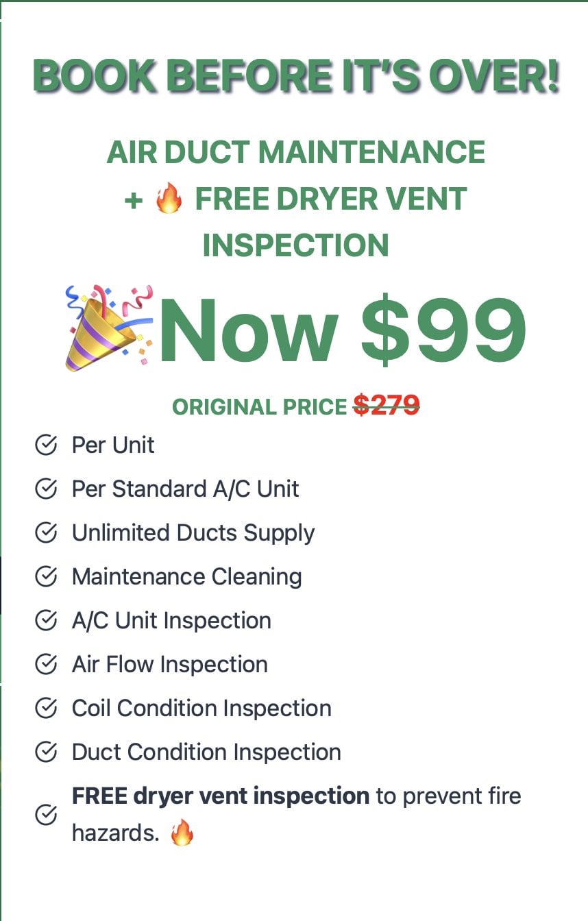 A competitor's paid-search landing page offering air duct maintenance plus a free dryer vent inspection for 99 dollars, with an original price of 279 dollars struck through above a checklist of nine included inspections