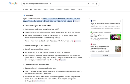 The same question on Google, answered by its Gemini-powered AI Overview, shows no map pack and no ads