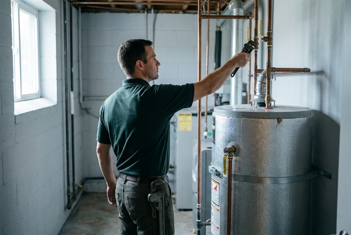 A plumber in a basement utility room reaching up with a pipe wrench to a brass shut-off valve on the copper supply lines above a residential water heater