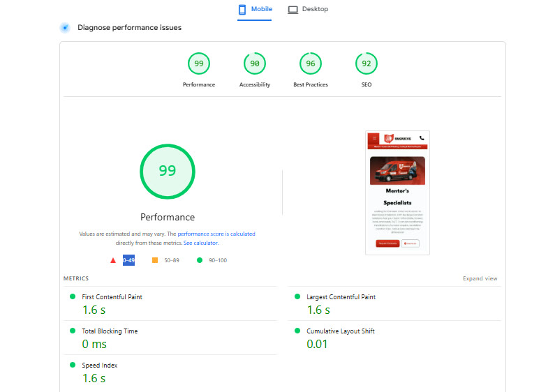 PageSpeed Insights report showing 99 performance and green Core Web Vitals for an HVAC site