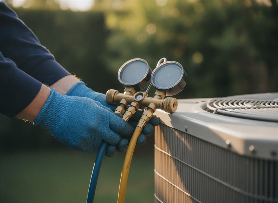 A technician connecting manifold gauges to a residential air-conditioning condenser in late-afternoon light
