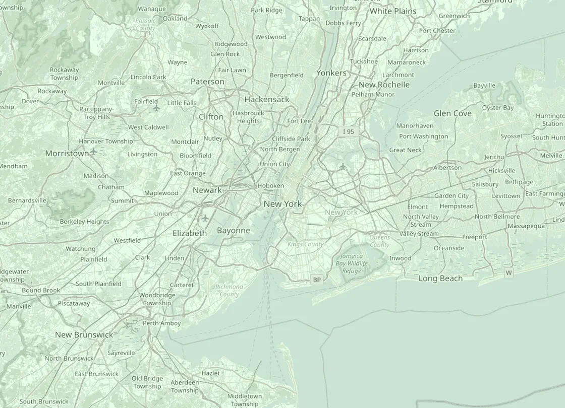 Coverage map of the New York HVAC service area, with New York and the nearby markets Brooklyn, Queens, The Bronx, Staten Island, Jersey City