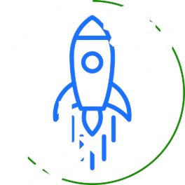 The live site's step-two icon: a rocket over a rising bar chart, inside a broken ring.
