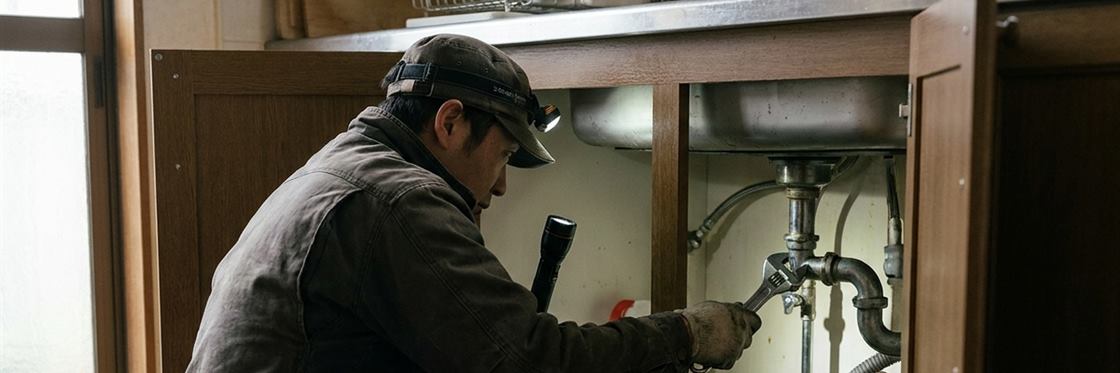 A plumber working on the trap and supply valves under a kitchen sink.