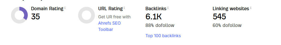 Backlink authority metrics showing domain rating, backlinks, and linking websites