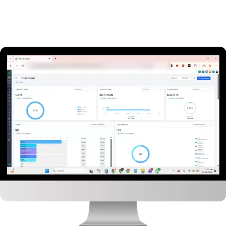 The RS Gonzales HVAC CRM dashboard on a desktop, showing opportunity status, total opportunity value, conversion rate and stage distribution.