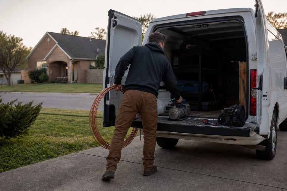 A newly established HVAC contractor standing in front of split-system condensers.