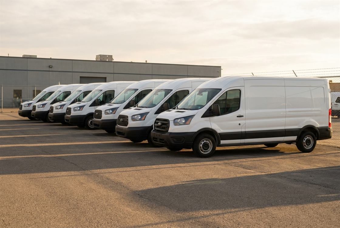 A row of identically liveried HVAC service vans lined up in a depot yard at first light, each one belonging to a different local company in the same group