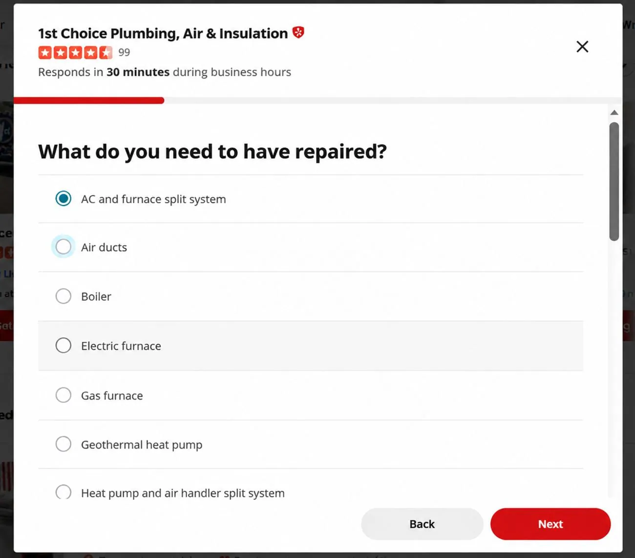 Yelp Request a Quote form for HVAC service