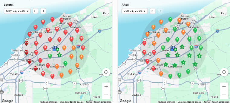 Before-and-after geo-grid showing HVAC local rankings climbing across the service area