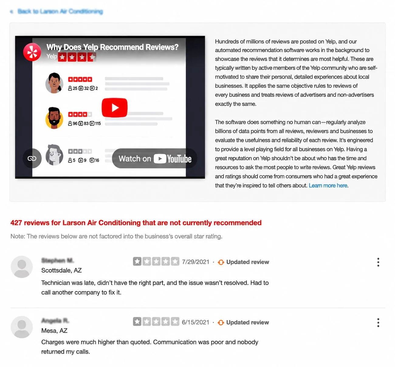 Yelp's not-currently-recommended filter explanation with reviews suppressed from the public profile