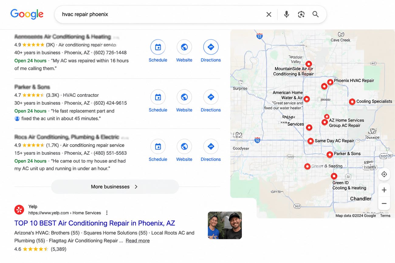 Google search results showing Yelp listing for HVAC repair Phoenix