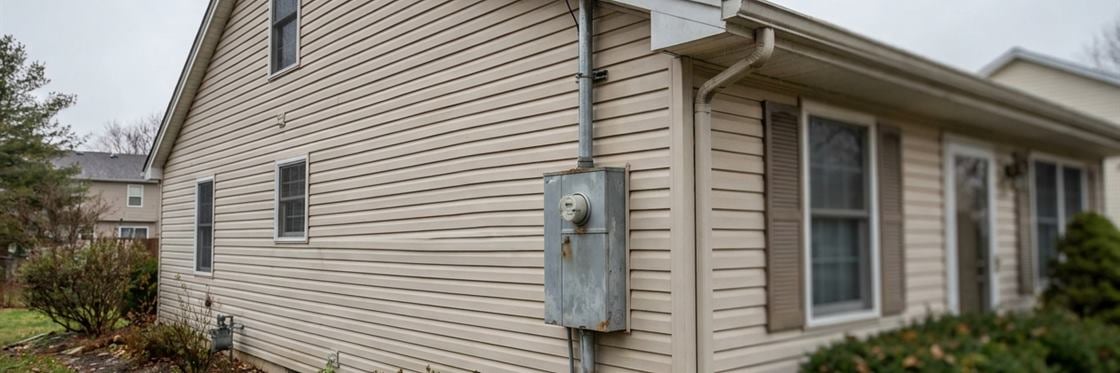 The electrical meter enclosure and service mast conduit on the exterior wall of a house.