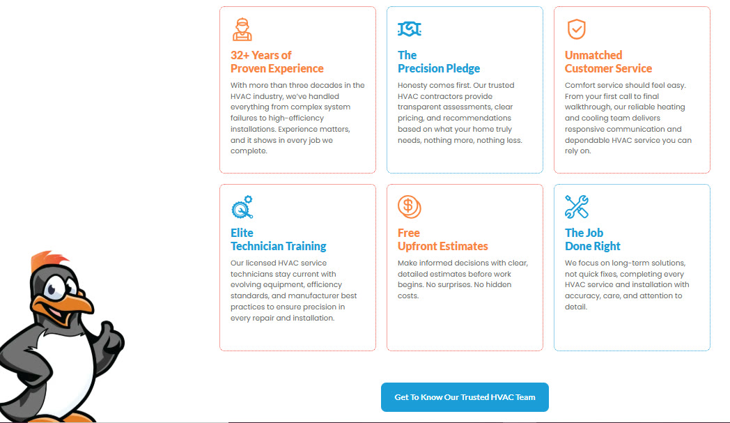 HVAC website section highlighting experience and customer-service promises