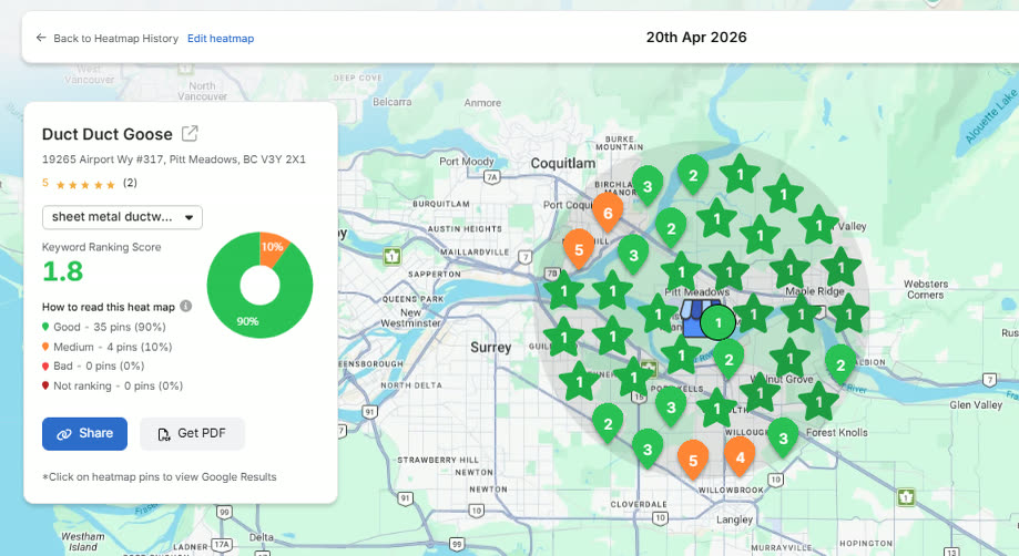 A local ranking heatmap around Pitt Meadows in April 2026 showing thirty-five green points out of thirty-nine and none failing to rank