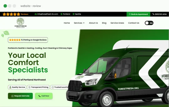 A website review in progress on an HVAC contractor homepage, ahead of the call