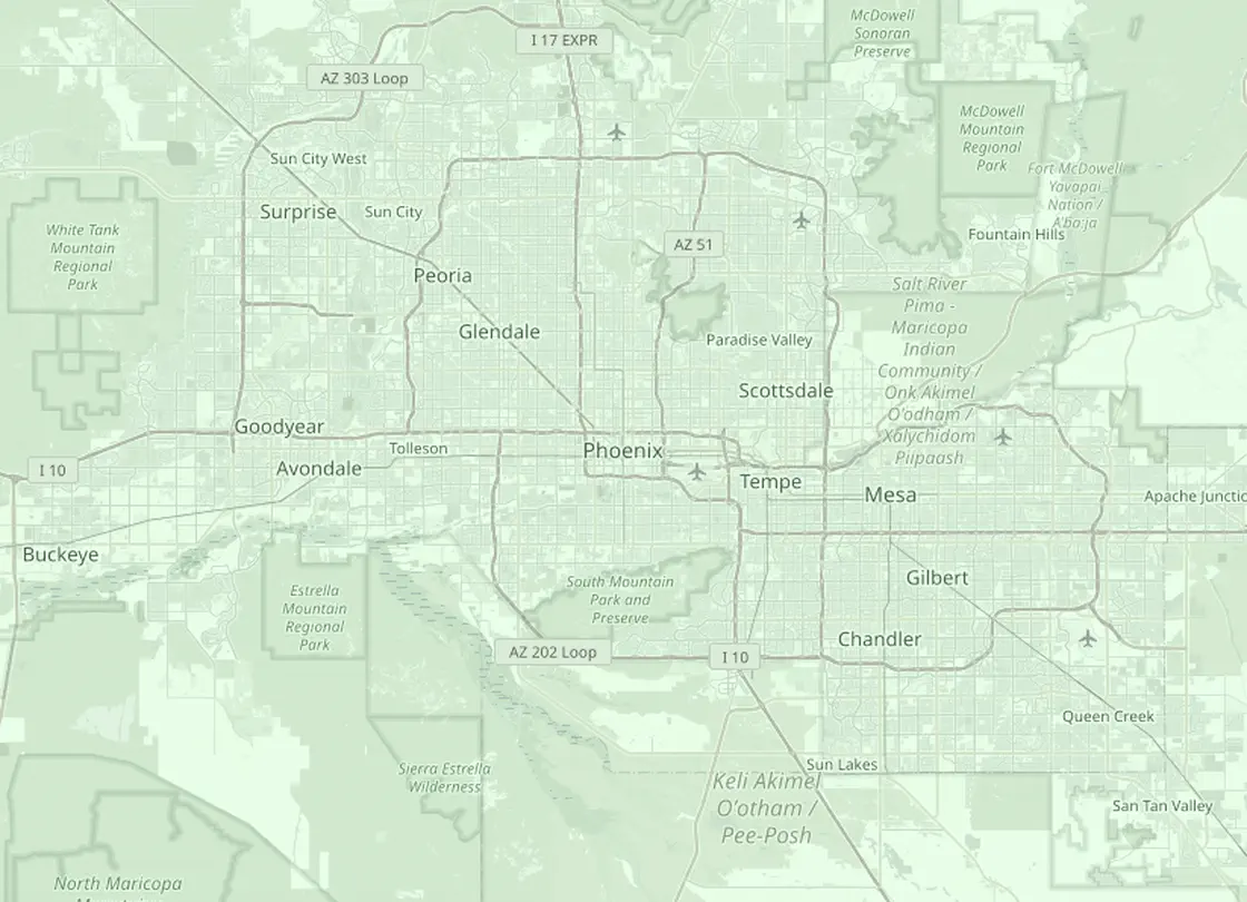 Coverage map of the Phoenix HVAC service area, with Phoenix and the nearby markets Scottsdale, Glendale, Mesa, Chandler, Queen Creek