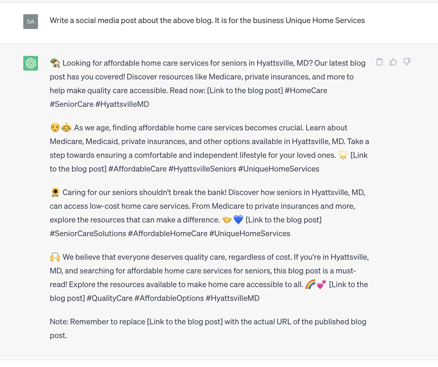 ChatGPT-generated social media post tailored for a homecare business.