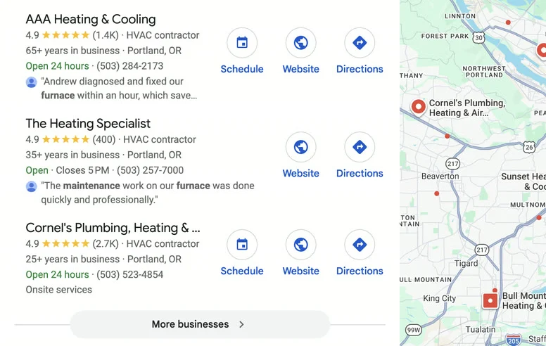 Google local map pack for an HVAC search, showing the top three contractor listings above the fold with the map panel beside them
