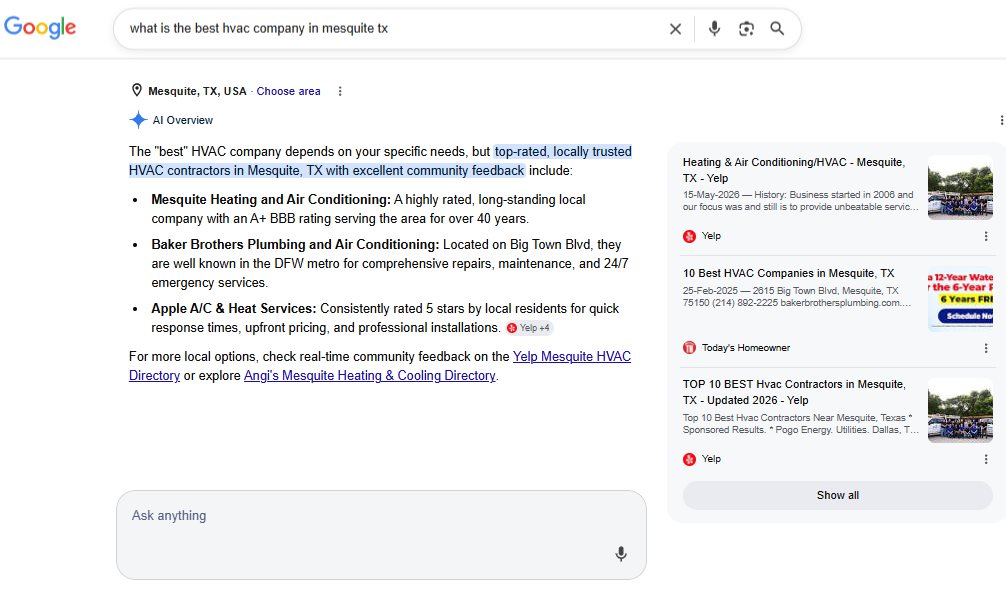 Google AI Overview answering 'best HVAC company in Mesquite TX' with Yelp directory citations