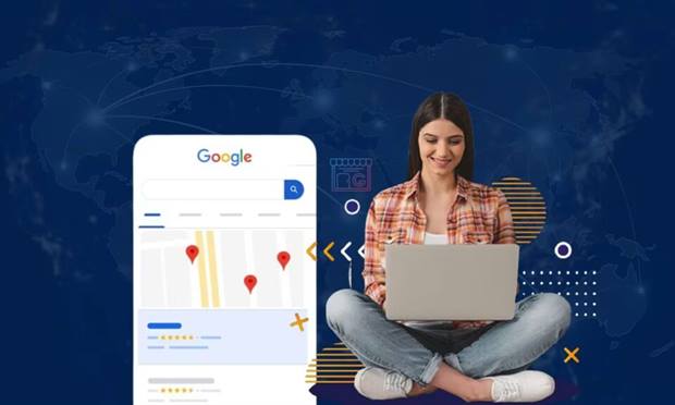 Blog banner: a Google Business Profile map listing on a phone beside a woman working on a laptop.
