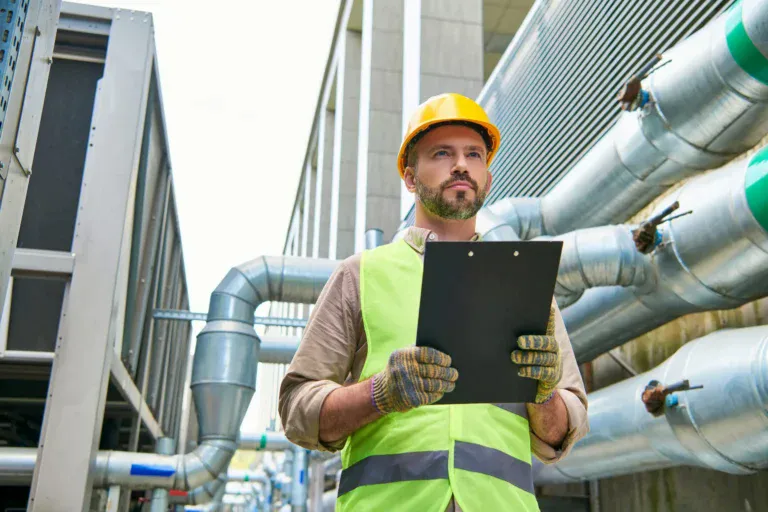 A commercial HVAC engineer with a clipboard walking a mechanical plant deck lined with ductwork and insulated pipe runs