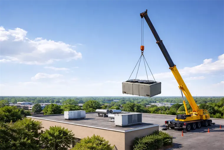A mobile crane lifting a packaged rooftop HVAC unit onto a commercial building