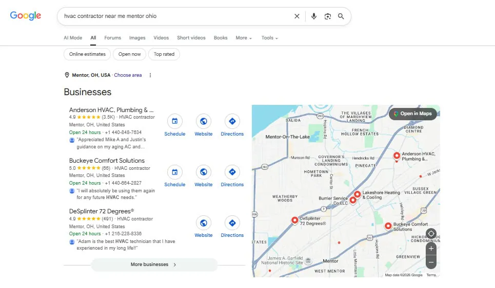 Google local search results showing three HVAC contractors and a map of the service area