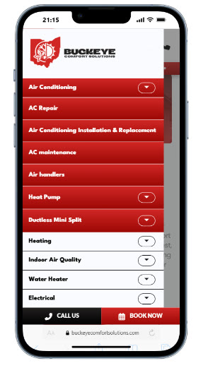 HVAC website mobile menu listing every service from AC repair to electrical