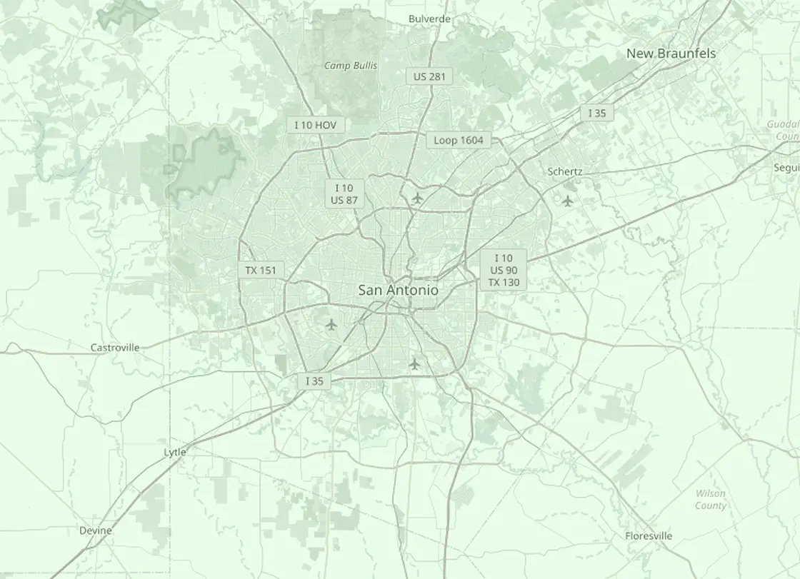 Coverage map of the San Antonio HVAC service area, with San Antonio and the nearby markets Schertz, Converse, Helotes, New Braunfels, Floresville
