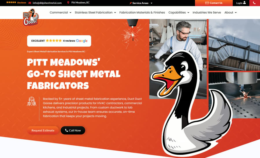 The Duct Duct Goose home page, Pitt Meadows, British Columbia, led by their goose mascot and fabrication photography