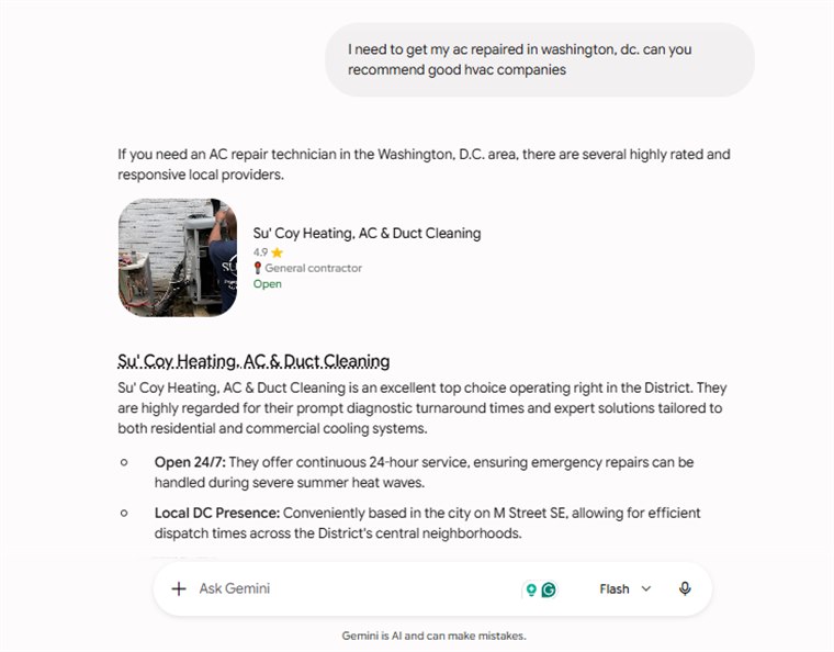 Gemini AI answer recommending Su'Coy Heating, AC and Duct Cleaning first for AC repair in Washington DC