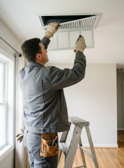 An HVAC technician on a step ladder refitting a ceiling return vent in a home