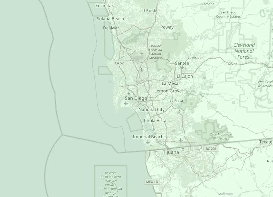 Coverage map of the San Diego HVAC service area, with San Diego and the nearby markets Chula Vista, La Mesa, El Cajon, Poway, Santee