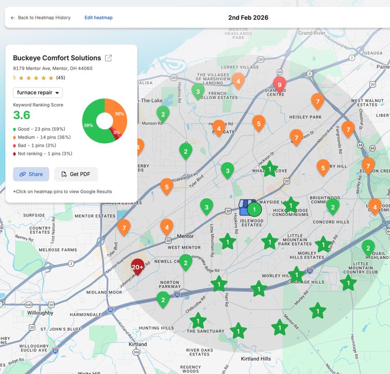 A local ranking grid heatmap showing the Mentor OH HVAC business ranking across its service area