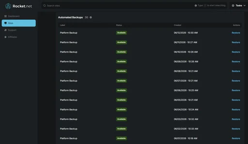 Hosting backup panel showing daily automated backups of an HVAC client site, each available for one-click restore