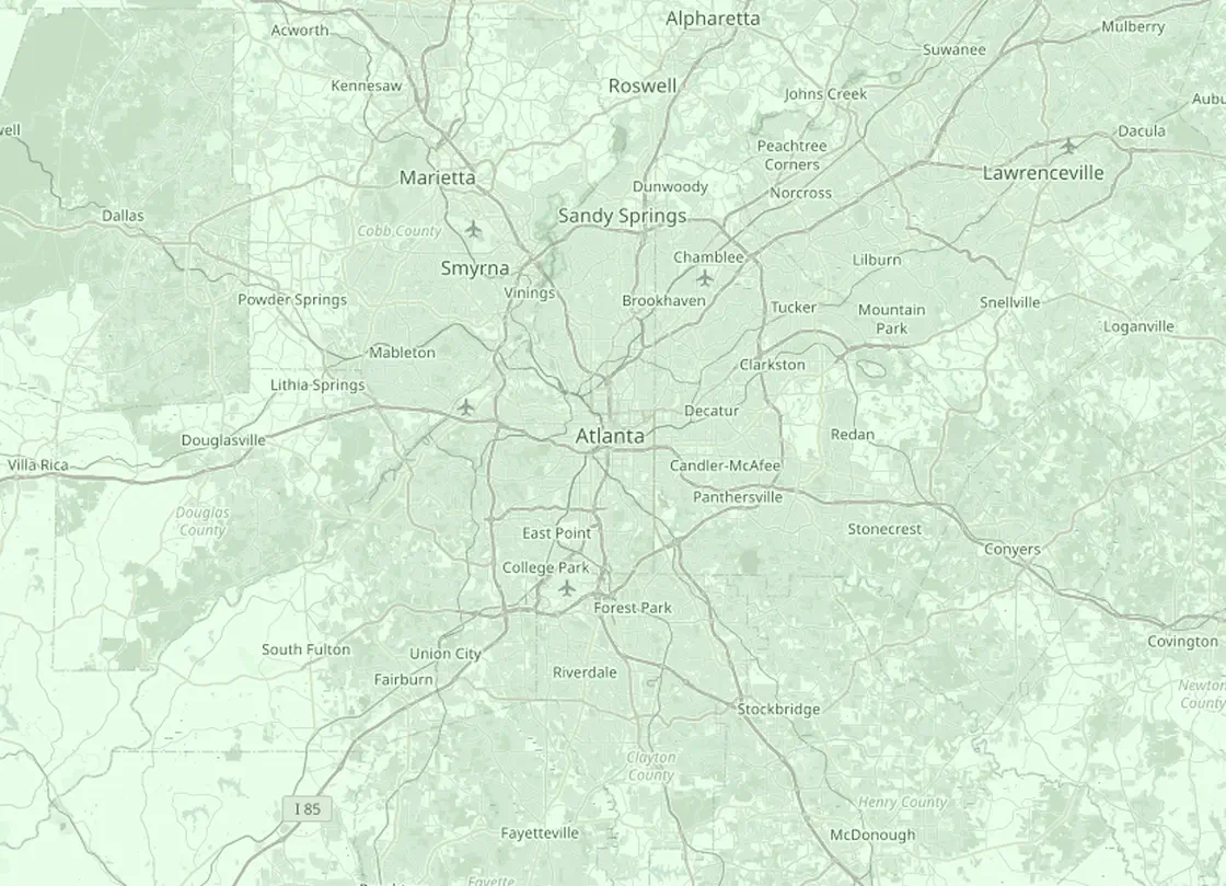 Coverage map of the Atlanta HVAC service area, with Atlanta and the nearby markets Decatur, Sandy Springs, Marietta, Duluth, Smyrna
