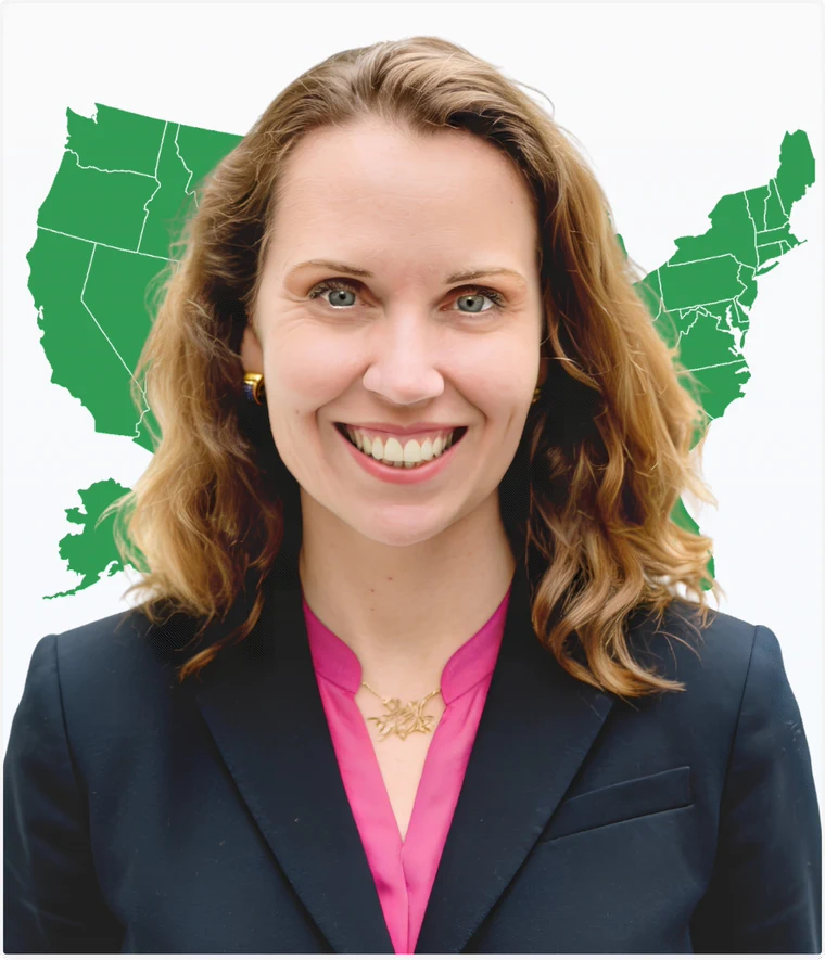 Sarah Gonzales, founder of RS Gonzales, in front of a green map of the United States