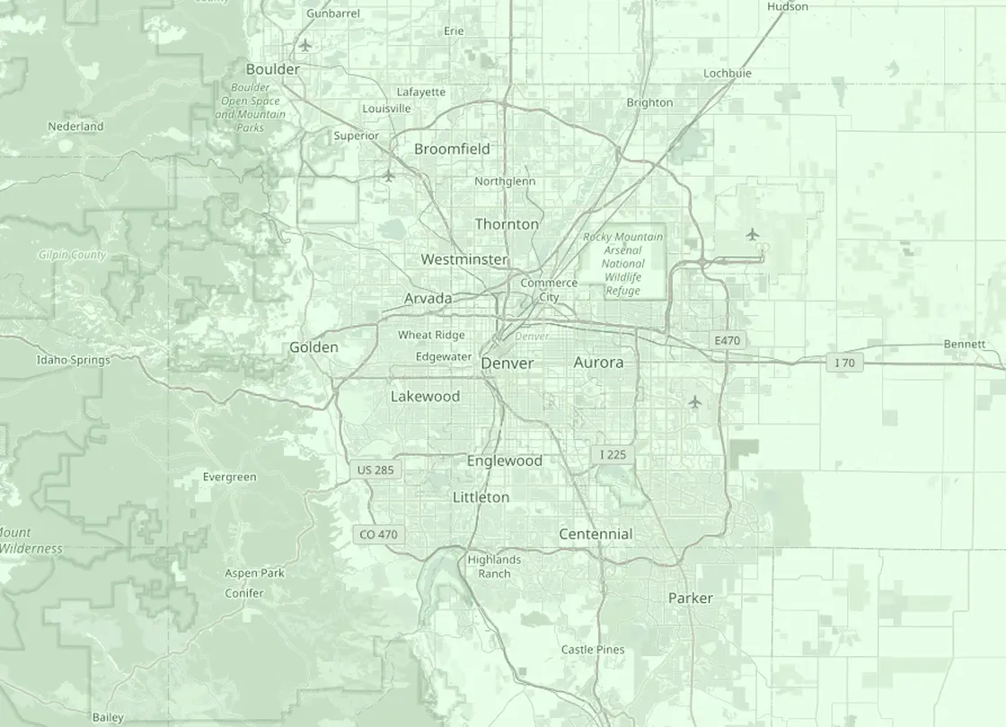 Coverage map of the Denver HVAC service area, with Denver and the nearby markets Aurora, Lakewood, Littleton, Westminster, Boulder