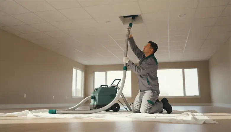 An air-duct cleaning technician feeding a vacuum hose into a ceiling supply vent, with a portable duct-cleaning machine behind him