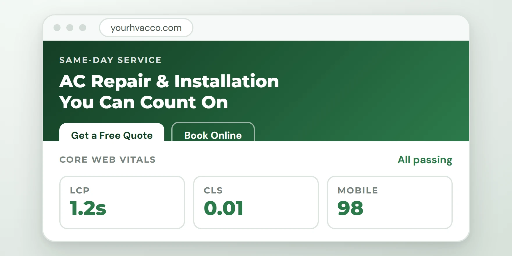 Example HVAC website in a browser with its Core Web Vitals scores all passing