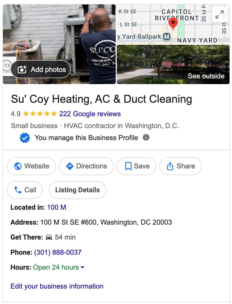 Google Business Profile for Su’Coy Heating, AC & Duct Cleaning in Washington, DC, rated 4.9 from 222 Google reviews